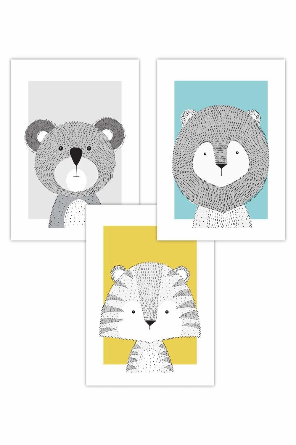 Set of 3 Nursery Scandi Sketch  Animals with Koala in Blue Yellow Grey Art Posters